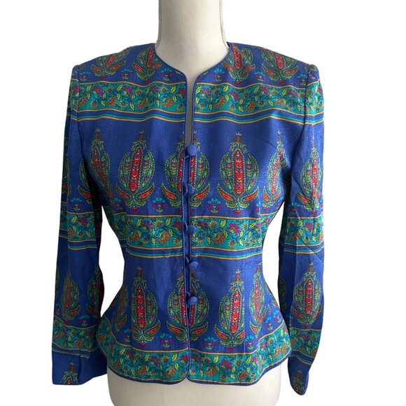 ADRIANNA PAPELL 100% Silk Vintage Patterned Blazer Jacket Size 4P - Picture 4 of 8